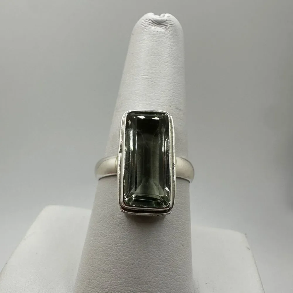 NWT 5ct emerald‎ cut Prasiolite ring in Bali sterling silver!